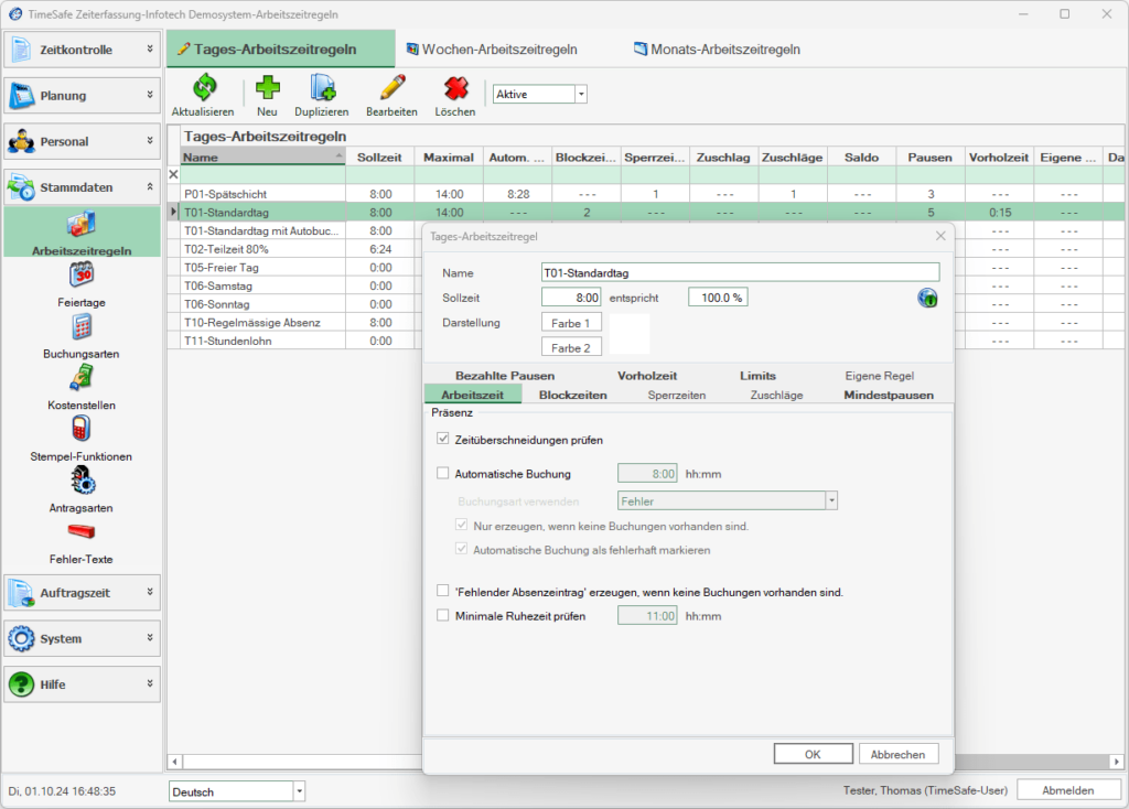 Bearbeitung von Tages-Arbeitszeitregeln