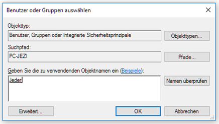 benutzerhinzufuegen Screenshot der Berechtigungen, Benutzer oder Gruppe hinzufügen