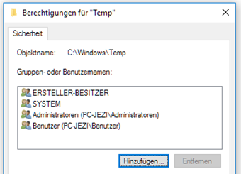 benutzerrechte-temp Screenshot der Ordnerberechtigung vom Ordner Temp.