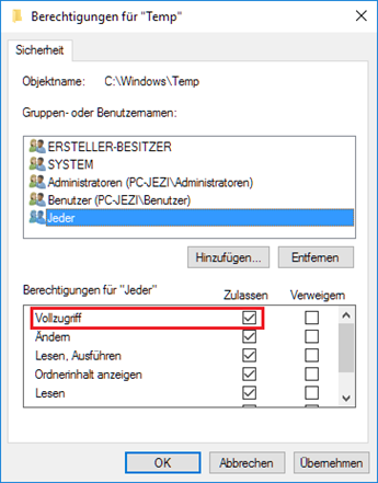 berechtigungenfuertemp Screenshot der Ordnerberechtigung vom Ordner Temp, Gruppe Jeder ist markiert mit Vollzugriffsrechten.
