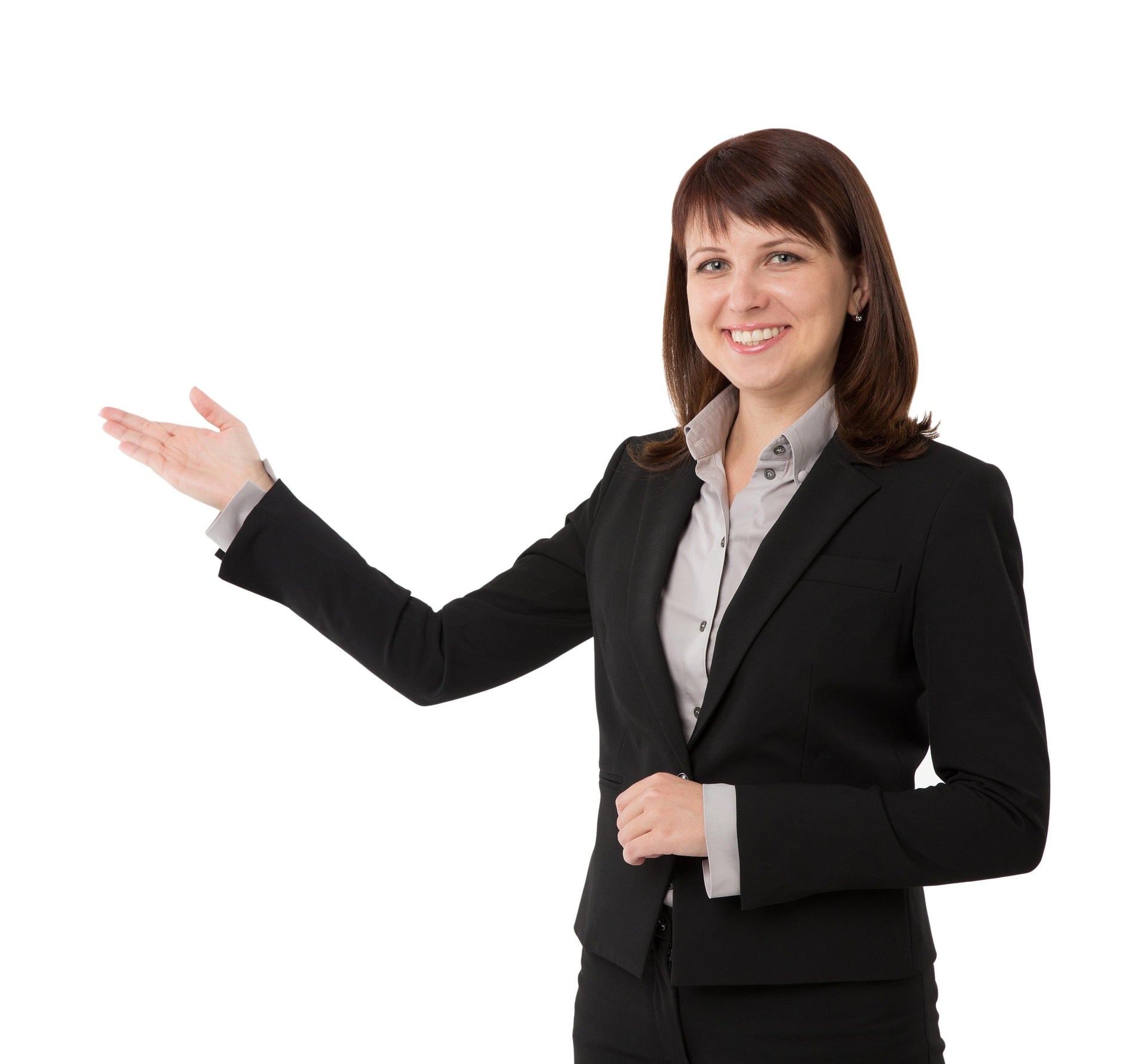 Junge Frau, welche mit der rechten Hand nach rechts zeigt.