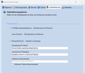 Zeigt die Authentifizierungsoptionen in der TimeSafe Leistungserfassung