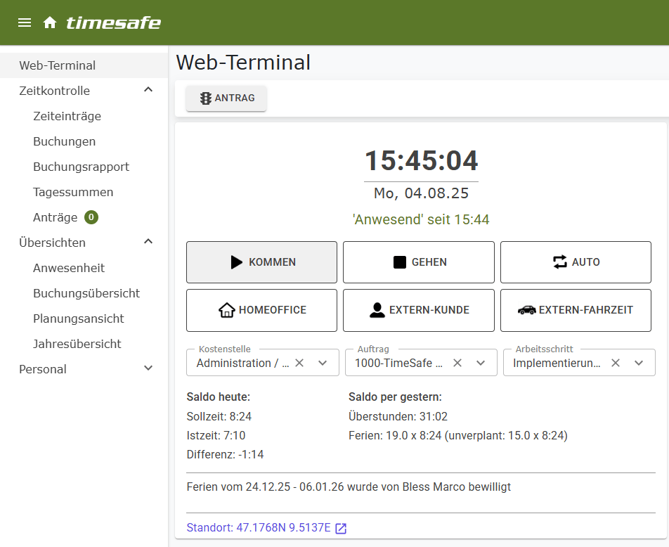 Bild von Web-Terminal / Web-Client, wo die Mitarbeiter Ihre Präsenz- und Auftragszeiten erfassen können.