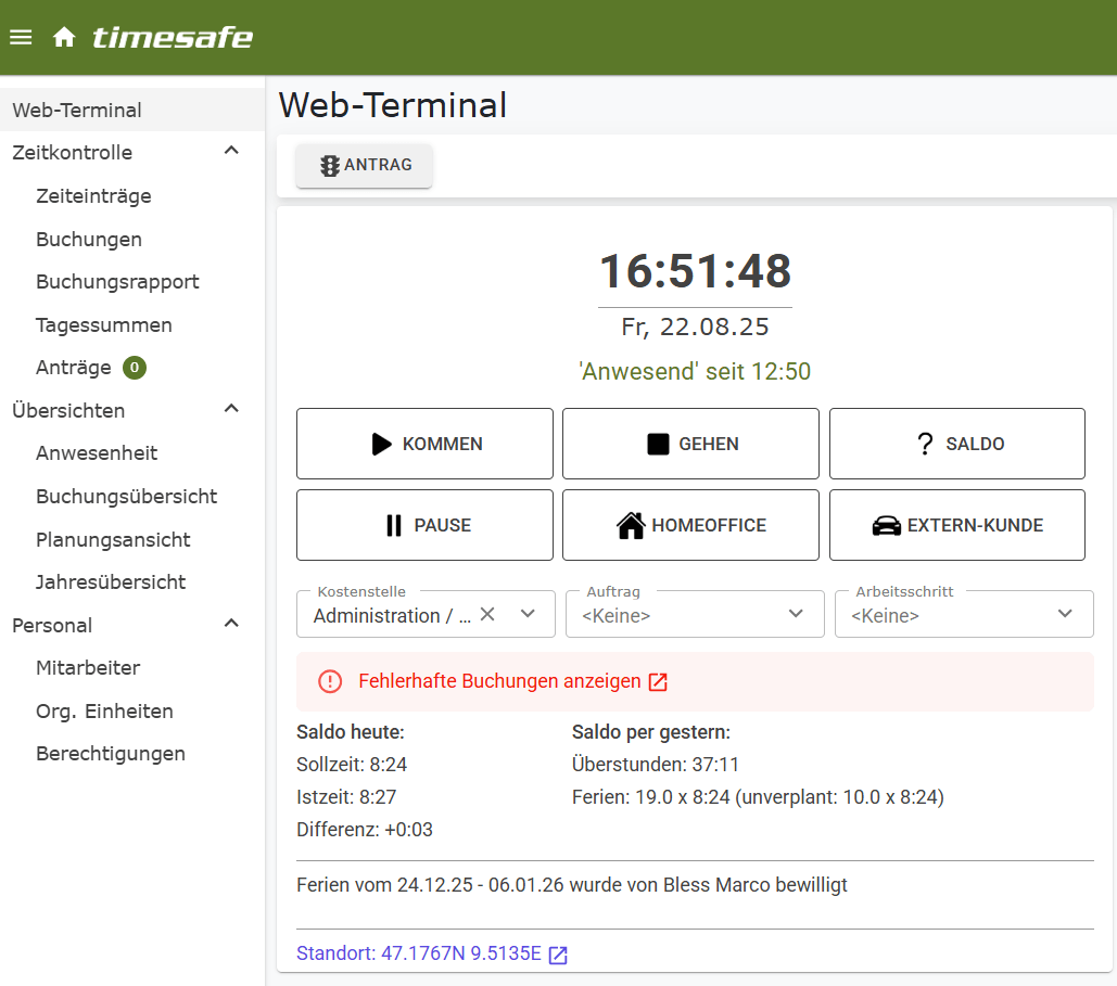 TimeSafe Web-Terminal mit Buchungsfehler Meldung