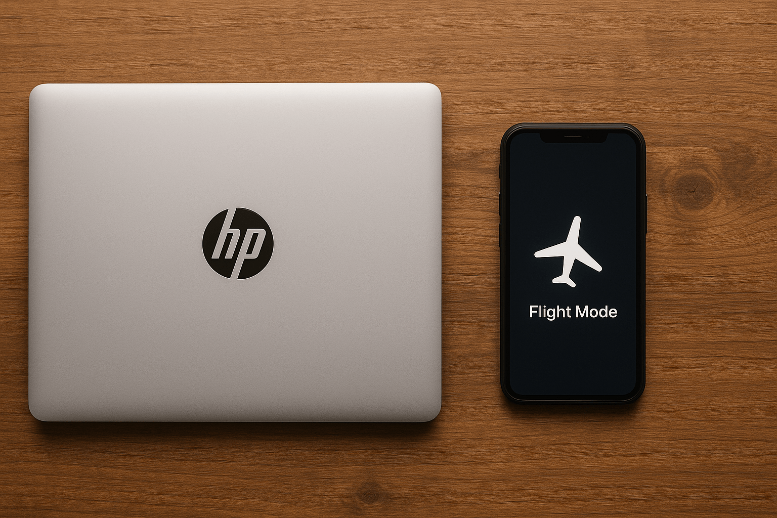 Bild von einem Notebook & Handy im Flugmodus
