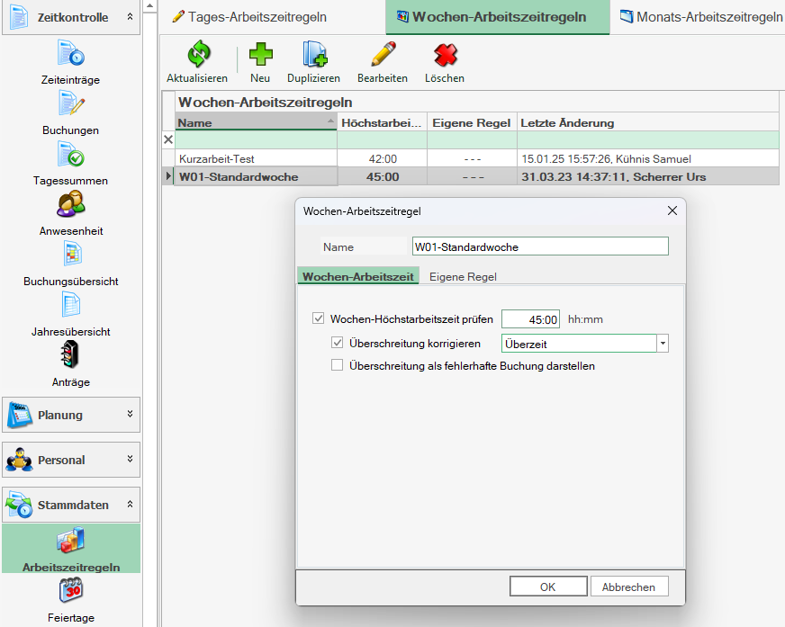 TimeSafe Screenshot, Konfigurationsmöglichkeit Überschreitung Wochenhöchstarbeitszeit automatisch Umbuchung auf Überzeit