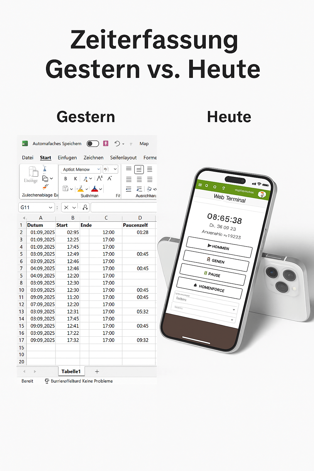 Bild zeige eine Excel-Datei auf der linken Seite, rechts davon die TimeSafe Mobile-App