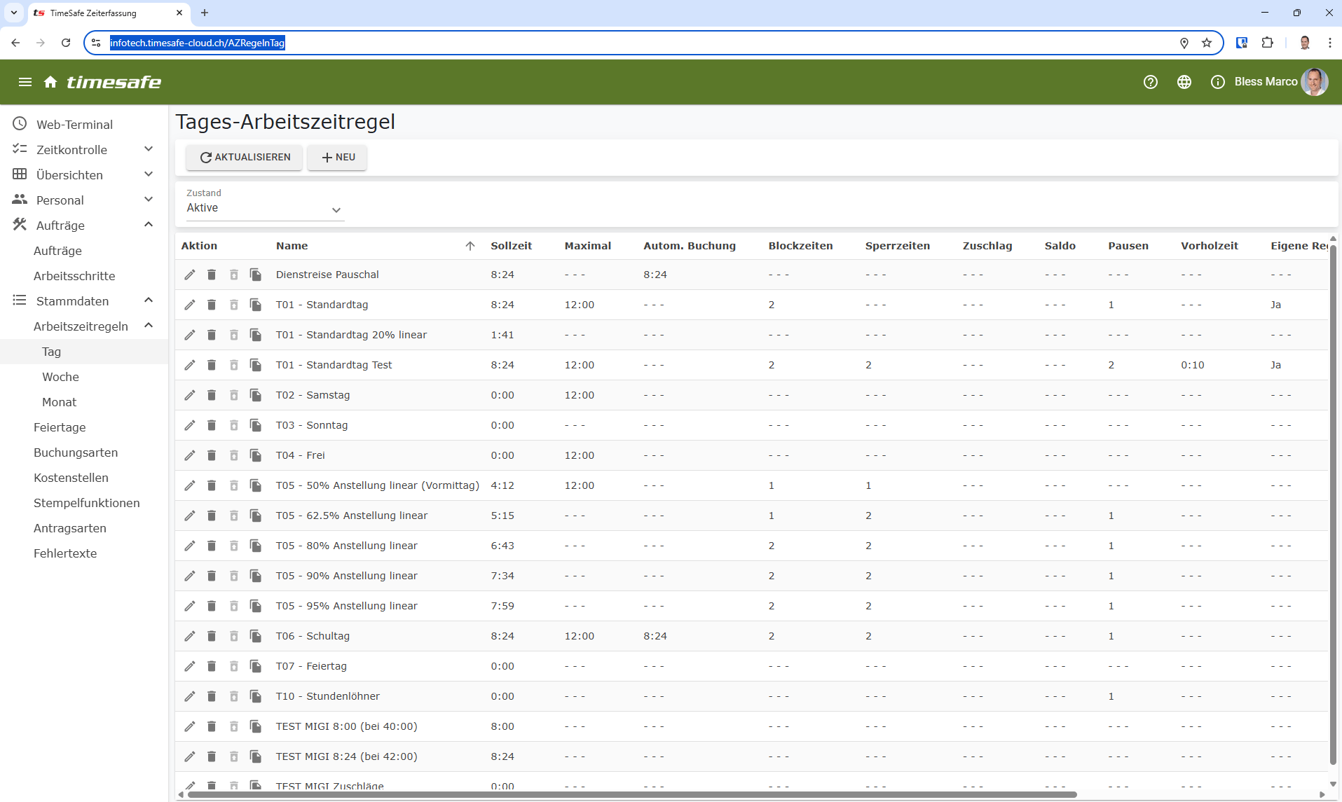 Screenshot der Tagesarbeitszeitregeln, inkl. aufgeklappten Menü-Einträge Aufträge und Stammdaten