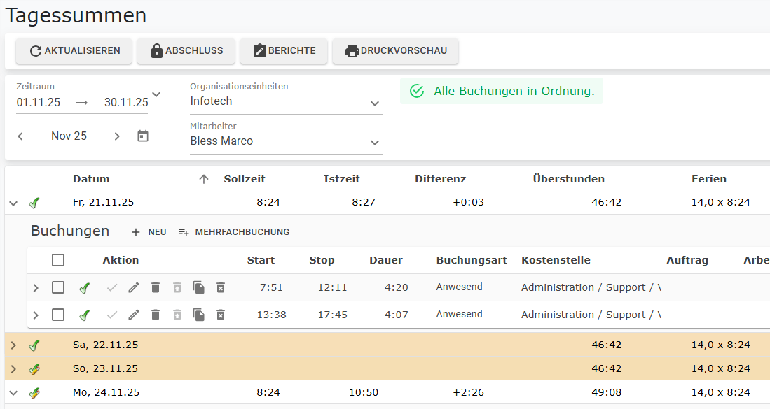 Screenshot der Tagessummen in der Version 25.3.0