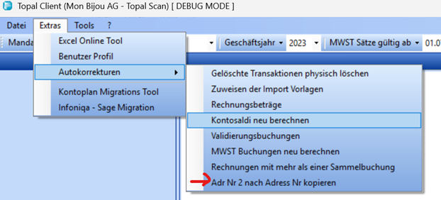 Aufruf der Funktion "Adr Nr 2 nach Adress Nr kopieren" in der Topal Finanzbuchhaltung.