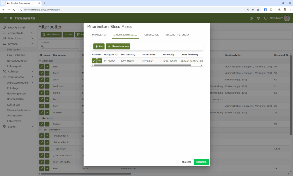 Screenshot von Register Arbeitszeitmodelle bei einem ausgewählten Mitarbeiter