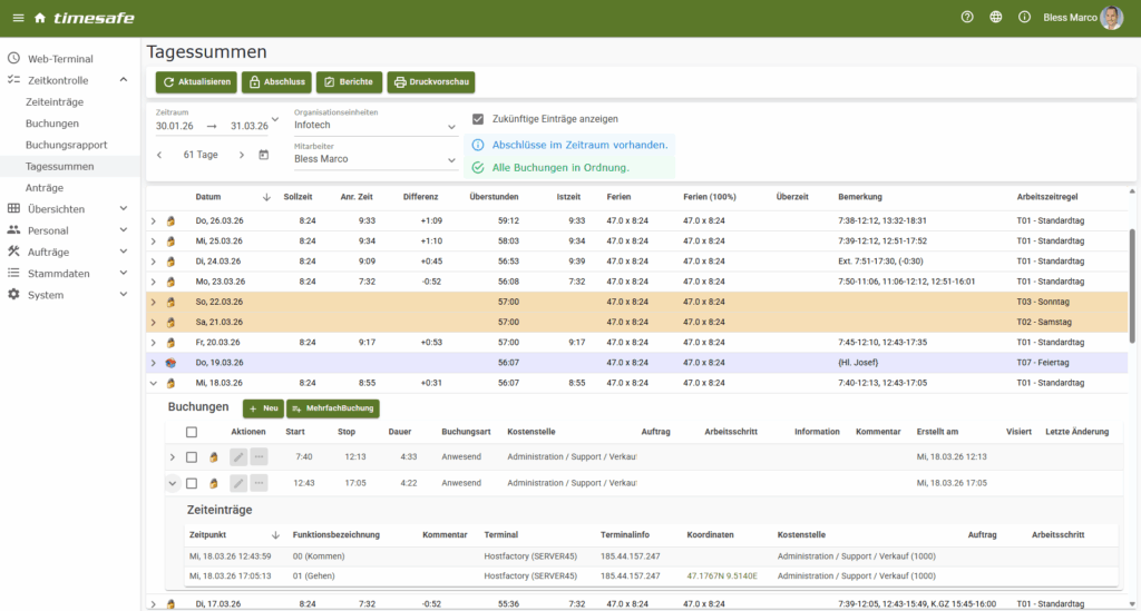 Screenshot der Tagessummen von TimeSafe Zeiterfassung